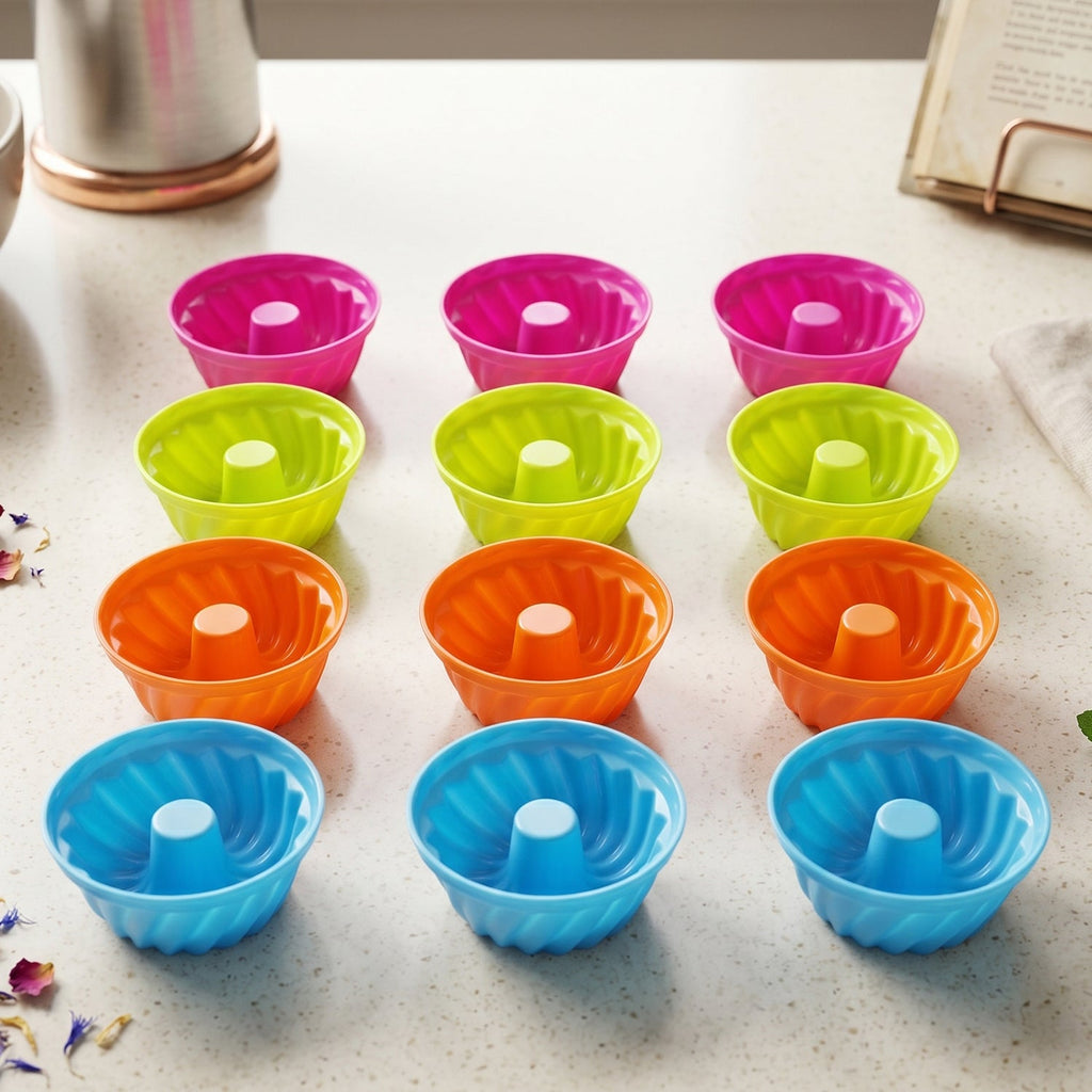 Main view of colorful reusable silicone cupcake mould set for baking