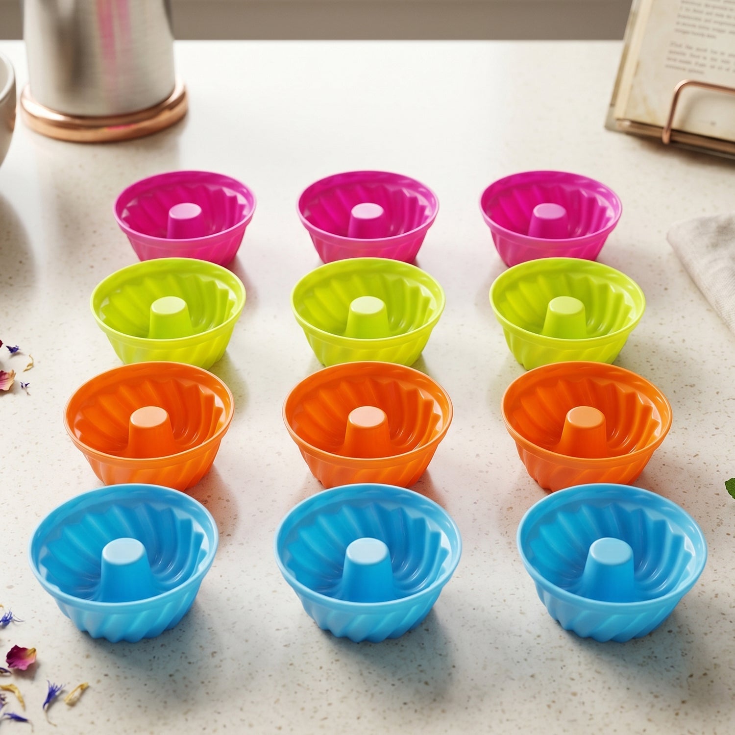Main view of colorful reusable silicone cupcake mould set for baking