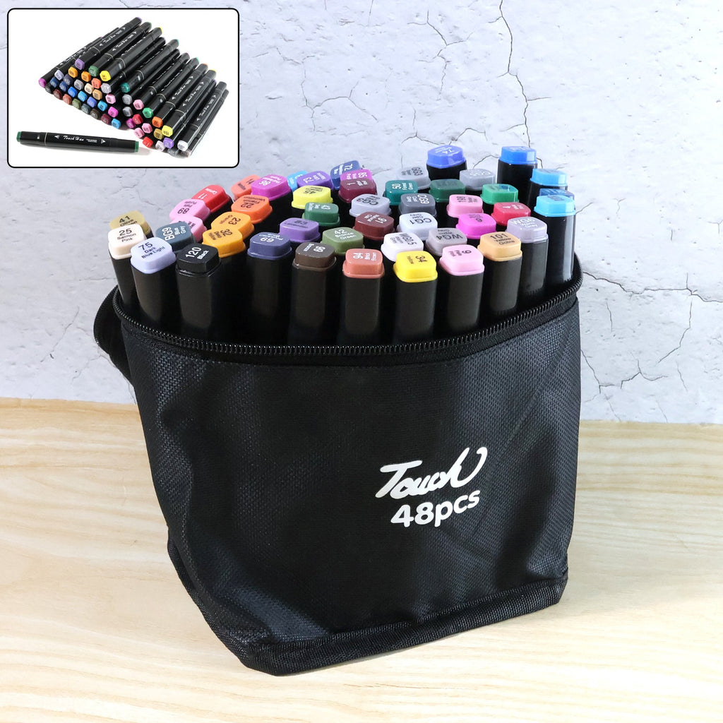Sketch markers set with 48 vibrant dual-tip colors arranged for display