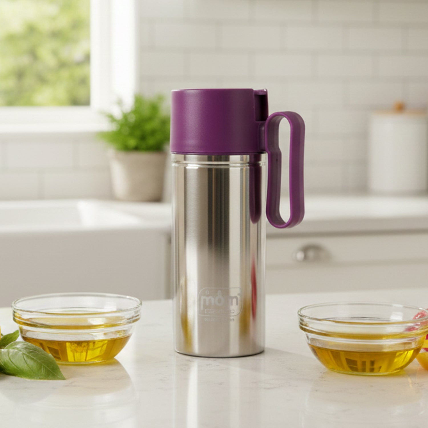 750ml stainless steel oil pourer with anti-drip spout on kitchen counter