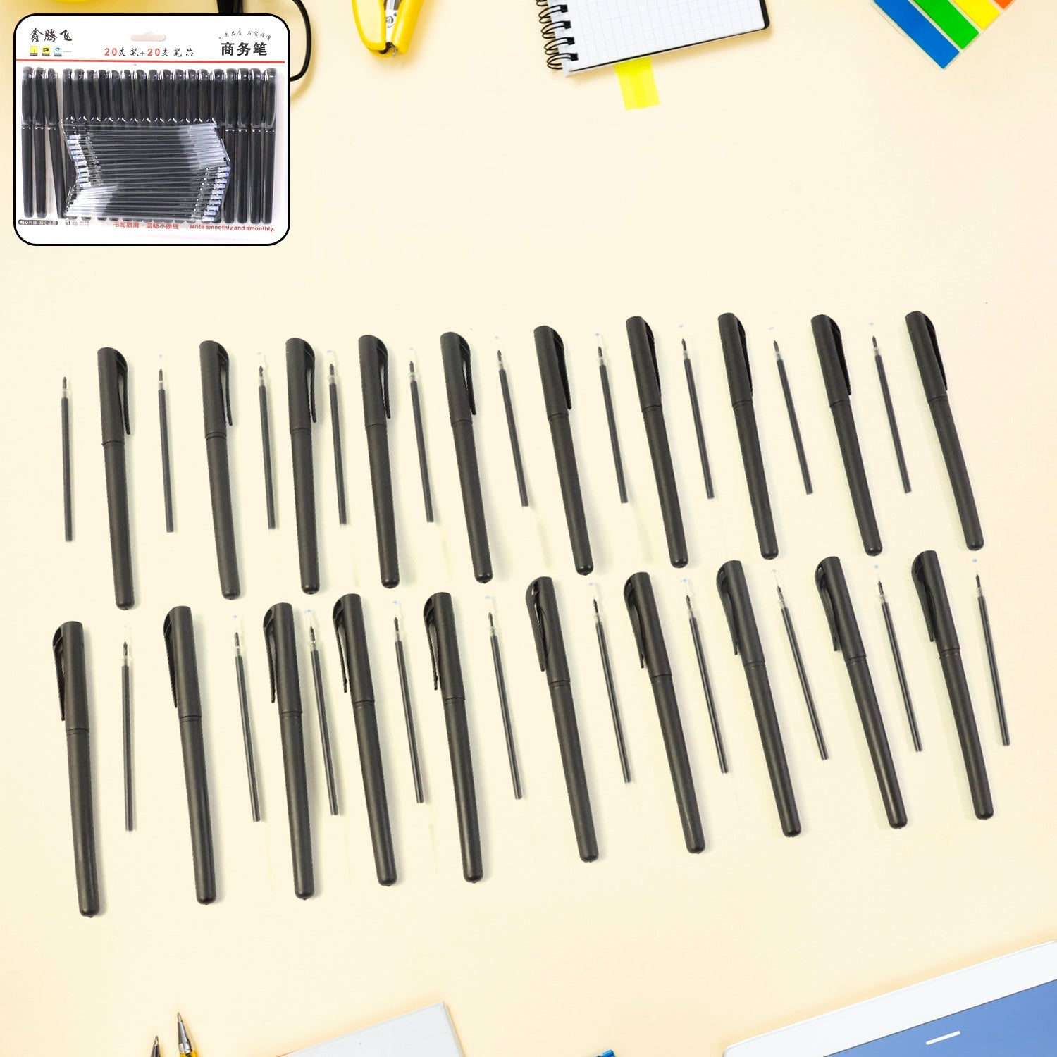 Refillable black marker pen set including 20 pens and extra ink refills suitable for office use