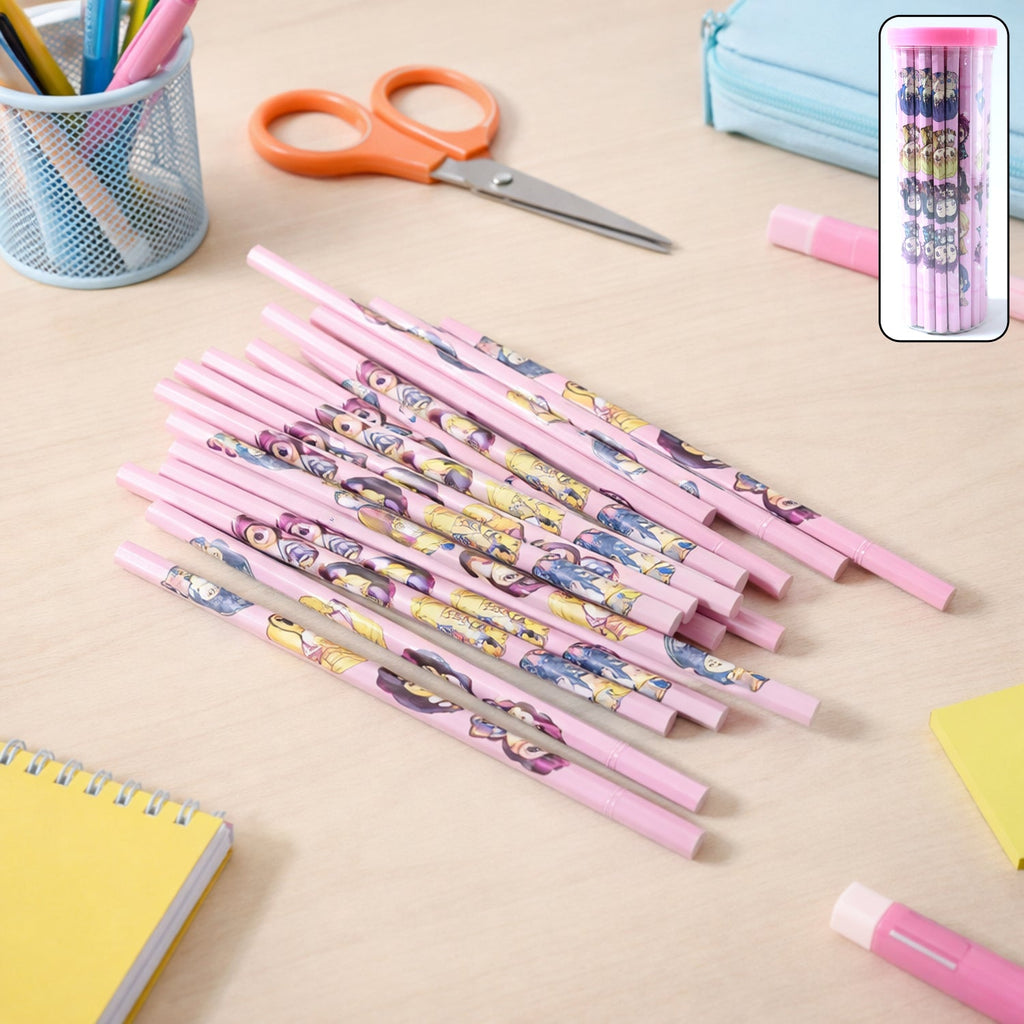 Close-up of single cartoon printed wooden pencil for kids