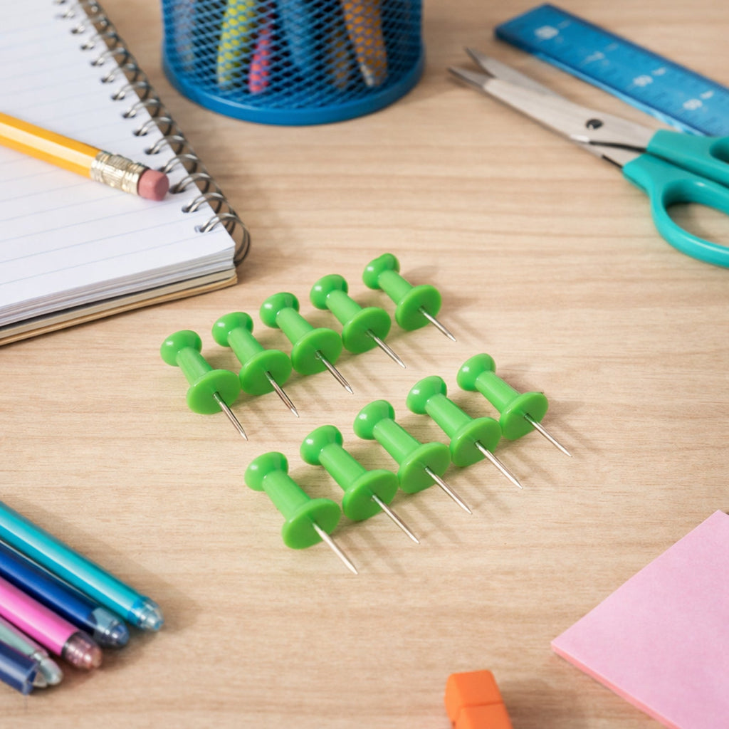 Close-up of green push pins with strong metal pins for notice boards