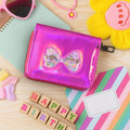 Vibrant holographic kids wallet with shiny bow-shaped glitter window