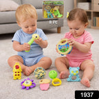 Close-up of a single colourful baby rattle with an easy-to-grasp textured handle.