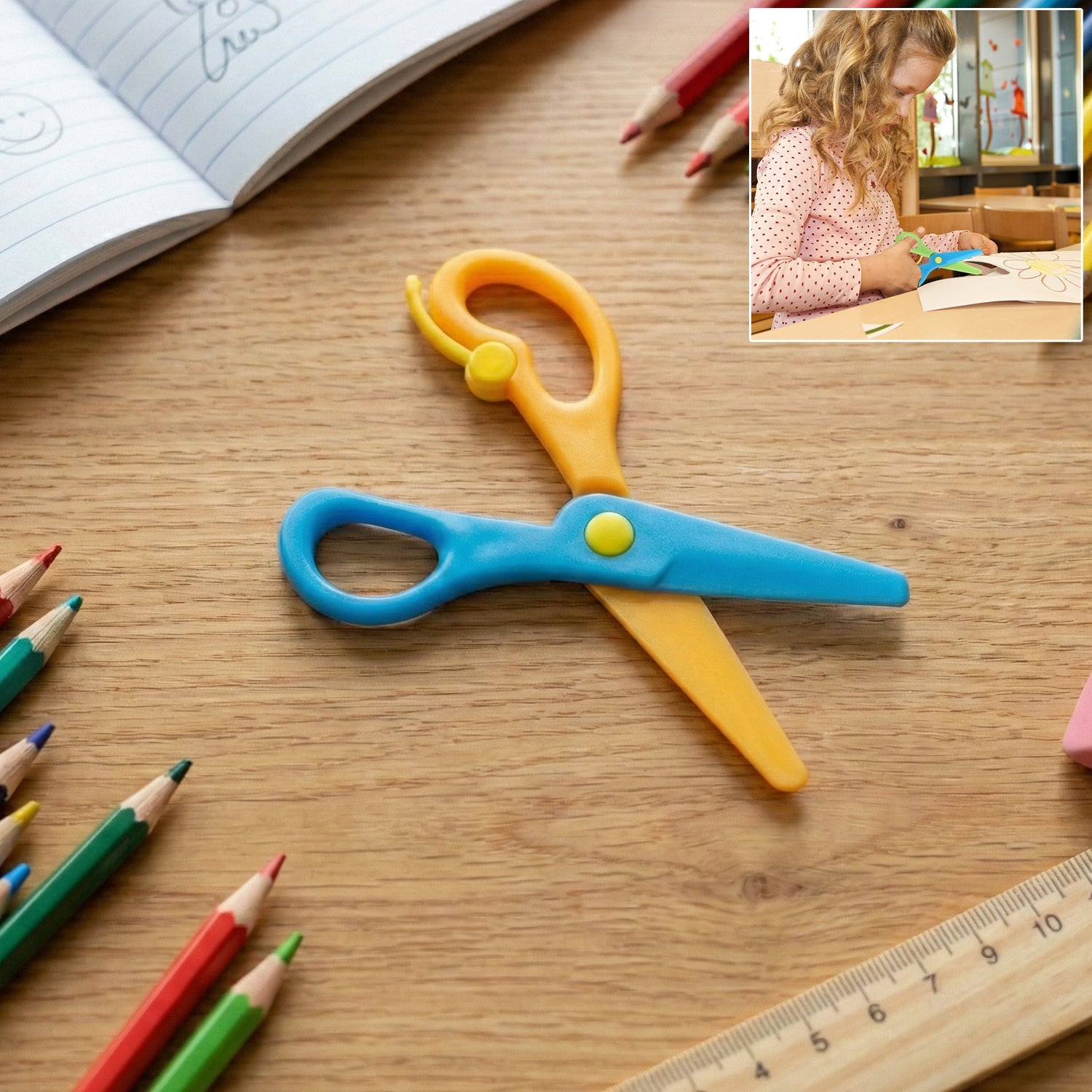 Child-safe plastic safety scissors with rounded tips for kids