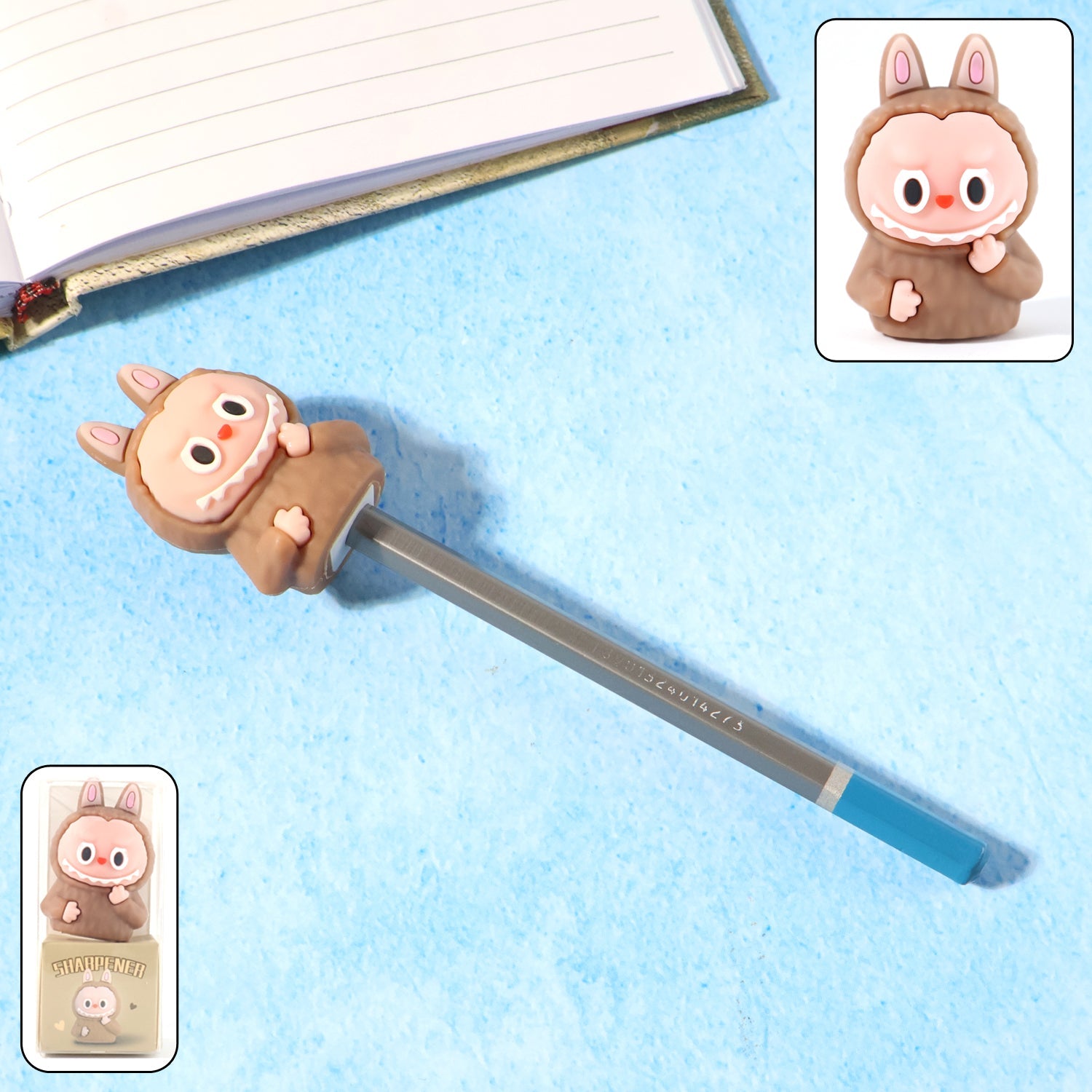 Close-up of cartoon eraser with built-in pencil sharpener for kids