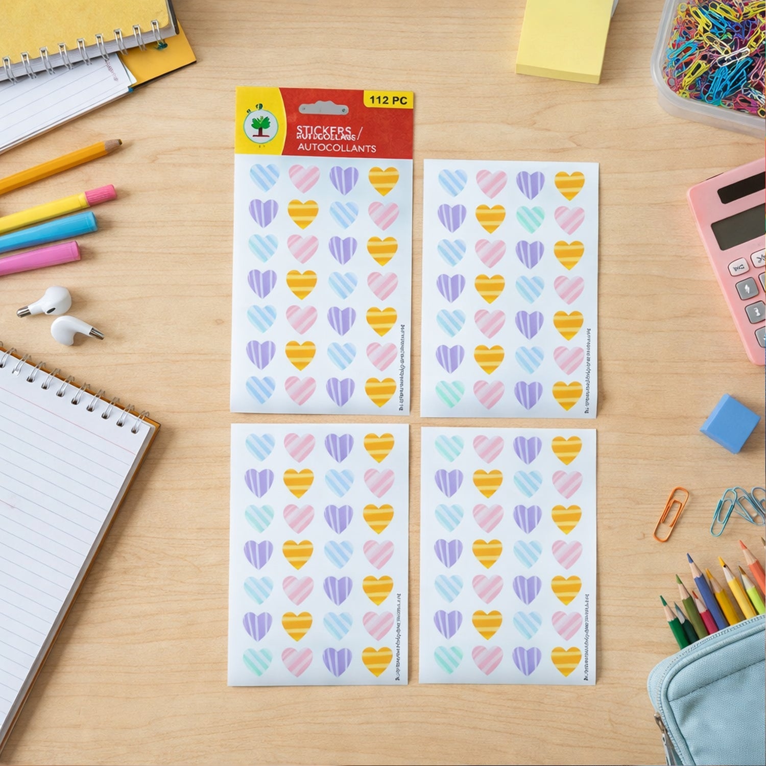 Sheet of colorful heart shape decorative stickers