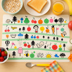 Colorful kids placemat with cartoon characters on dining table