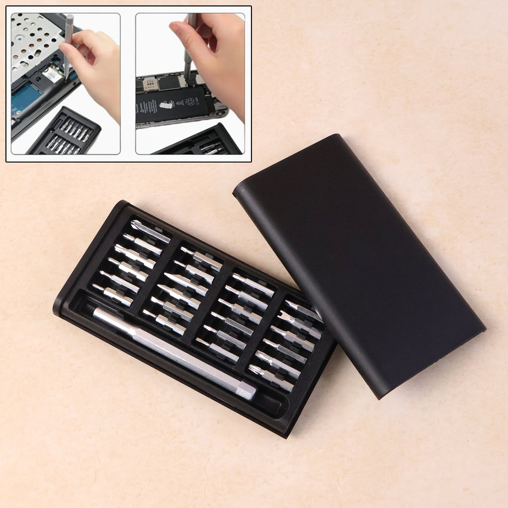 24-in-1 precision screwdriver set with magnetic handle and organized bits in a compact aluminium case.
