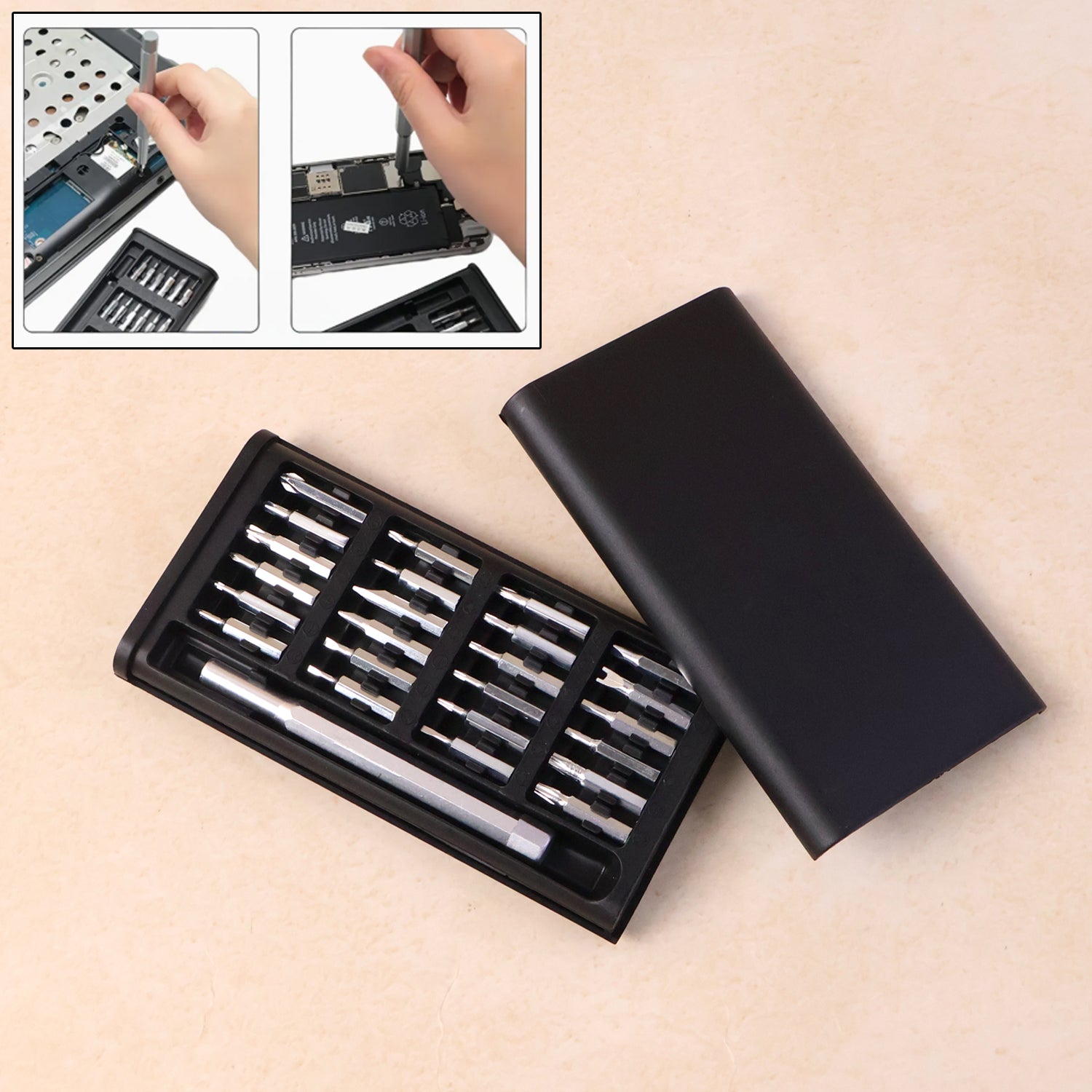 24-in-1 precision screwdriver set with magnetic handle and organized bits in a compact aluminium case.