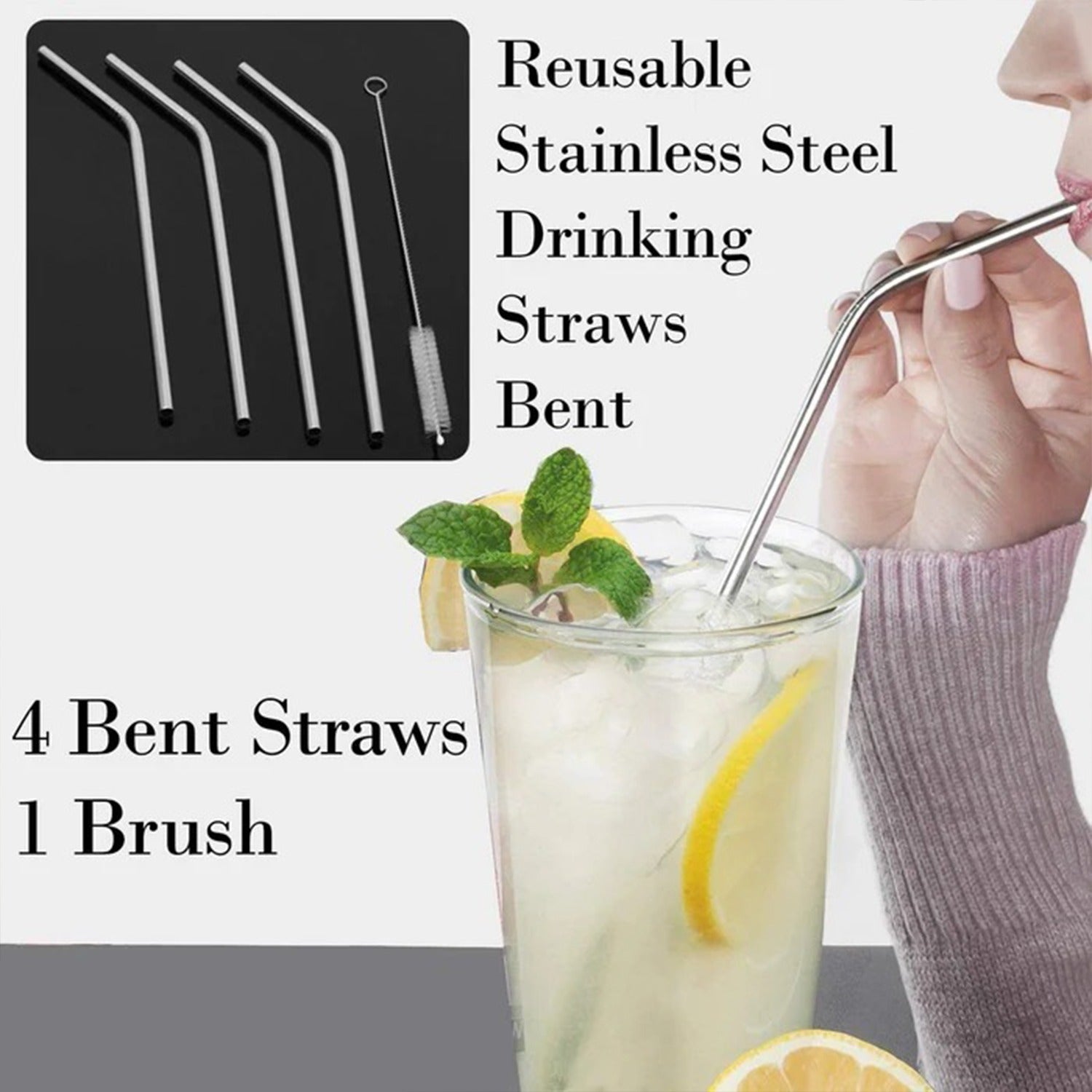 Refreshing drink being enjoyed with an eco-friendly bent metal straw.