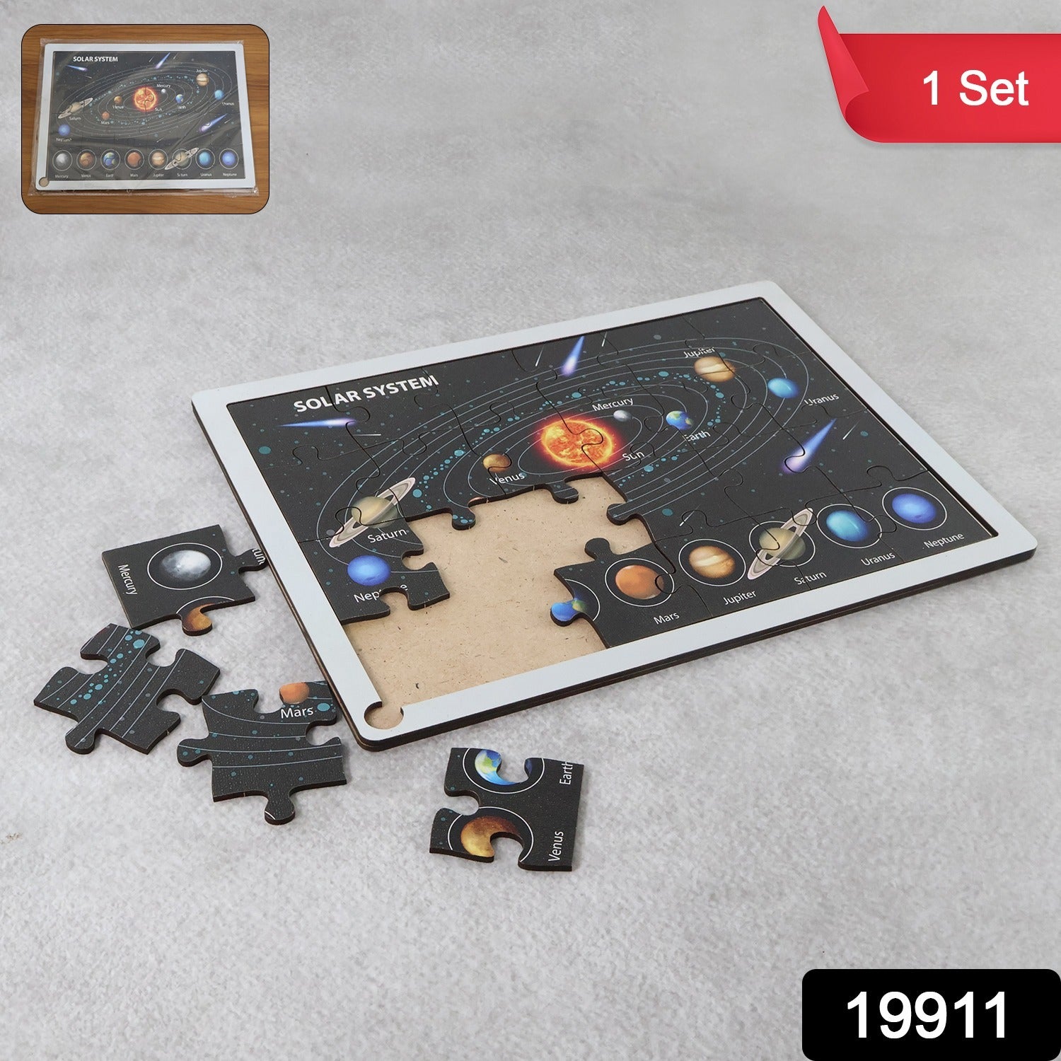 Close-up of wooden solar system puzzle pieces showing interlocking planets