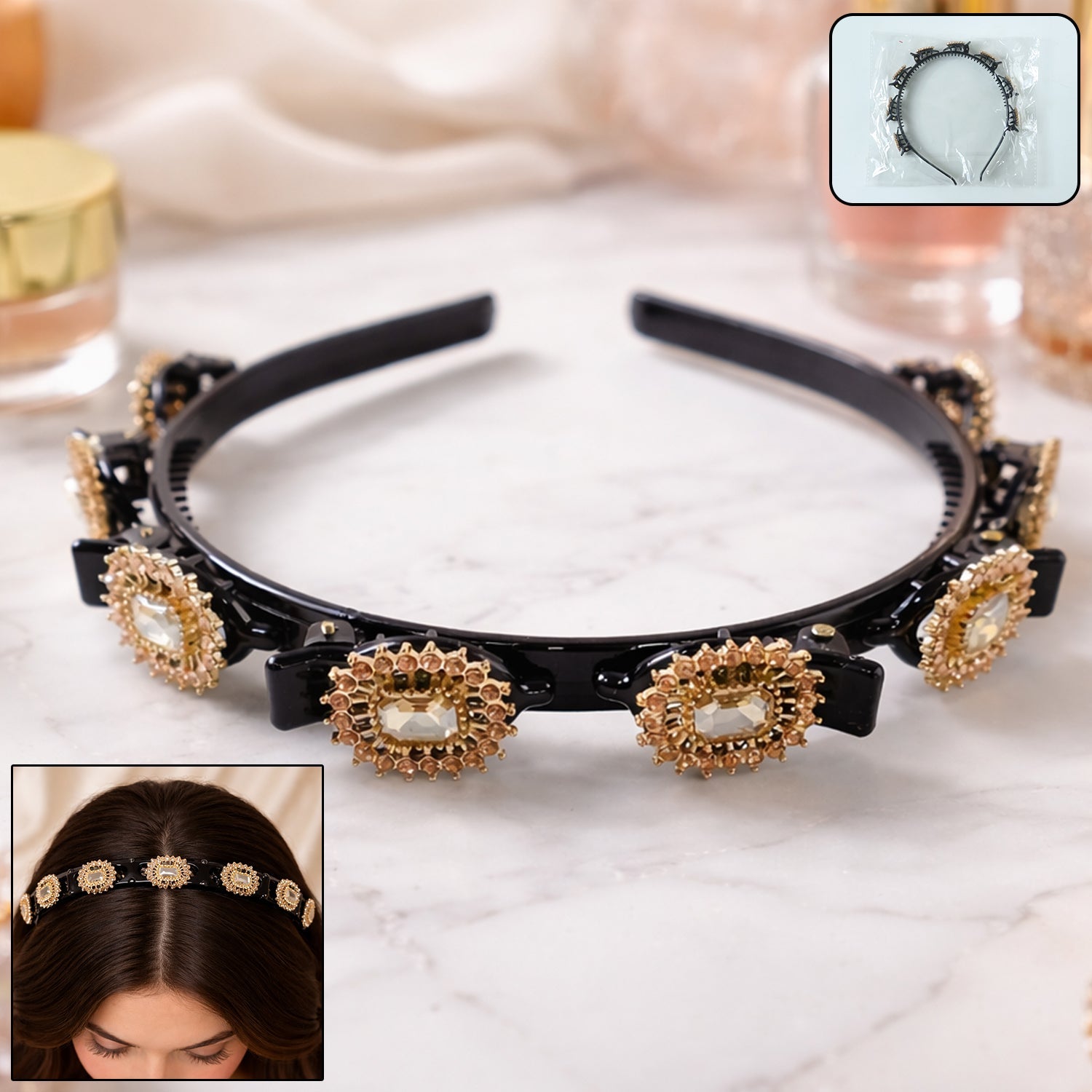 Gold stone studded hairband with luxurious design