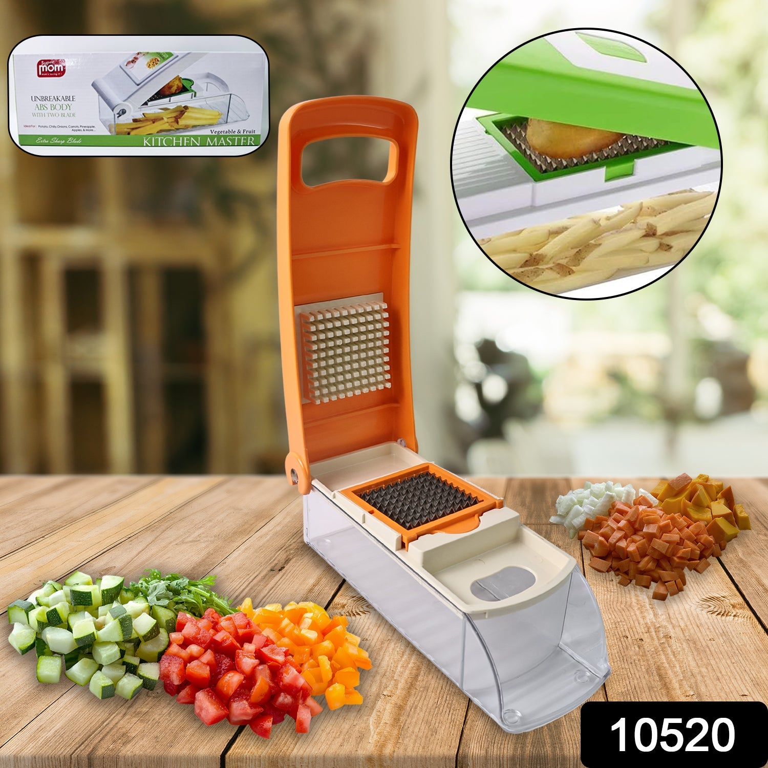 Multipurpose Vegetable & Fruit Chopper with SKU label demonstrating versatile cutting blades
