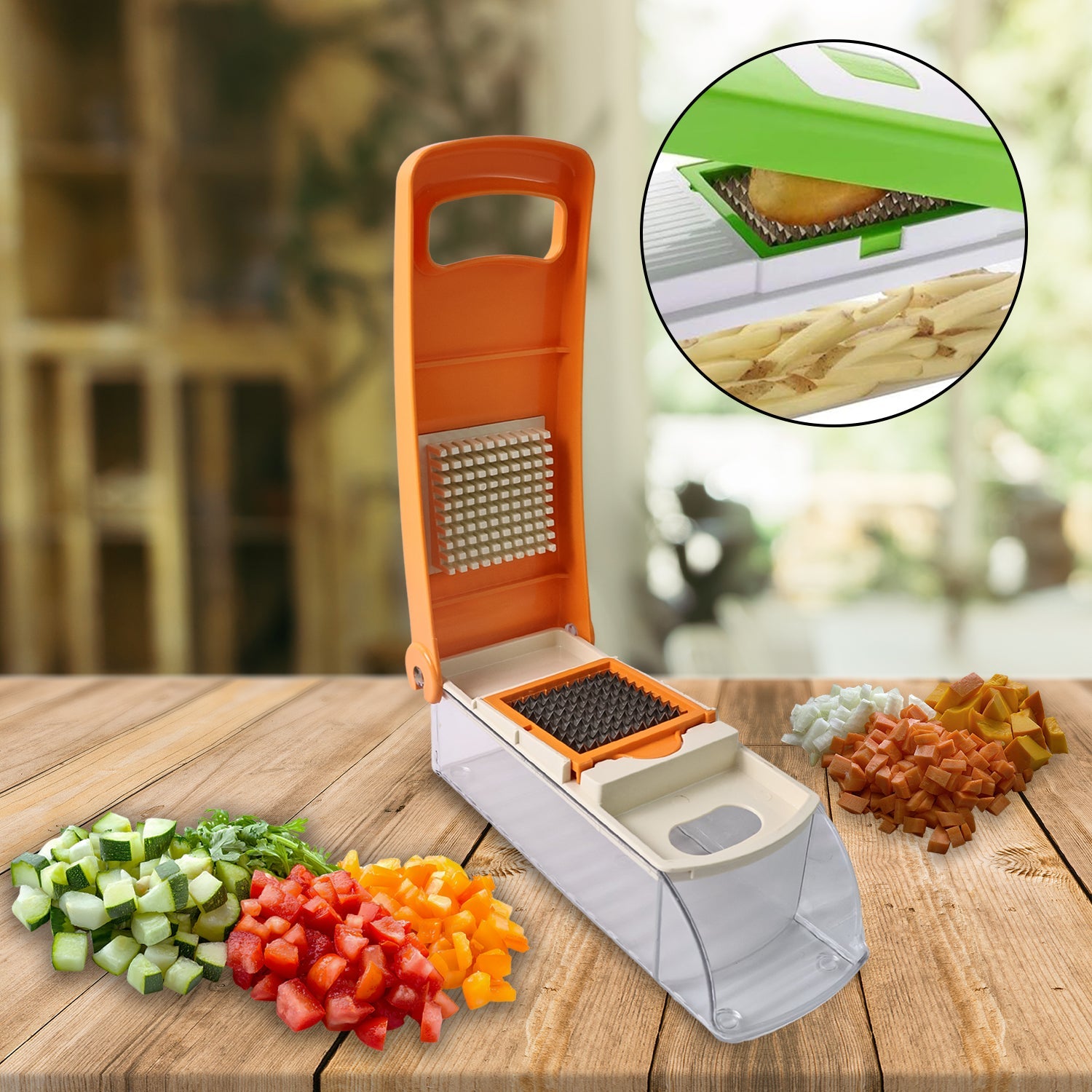 Supermom Vegetable & Fruit Chopper showing front view with durable ABS body and sharp blades