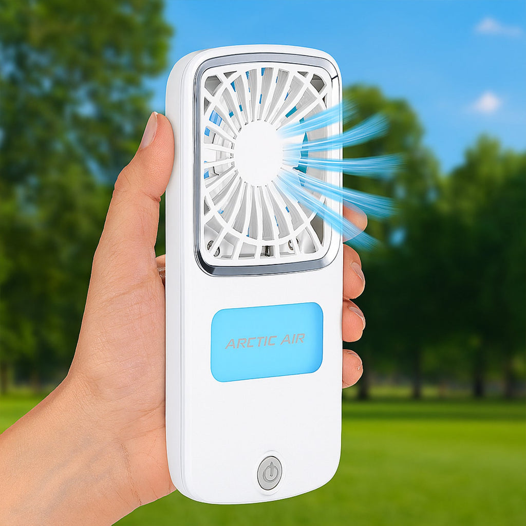 Man wearing a white portable personal air cooler around his neck, looking refreshed.