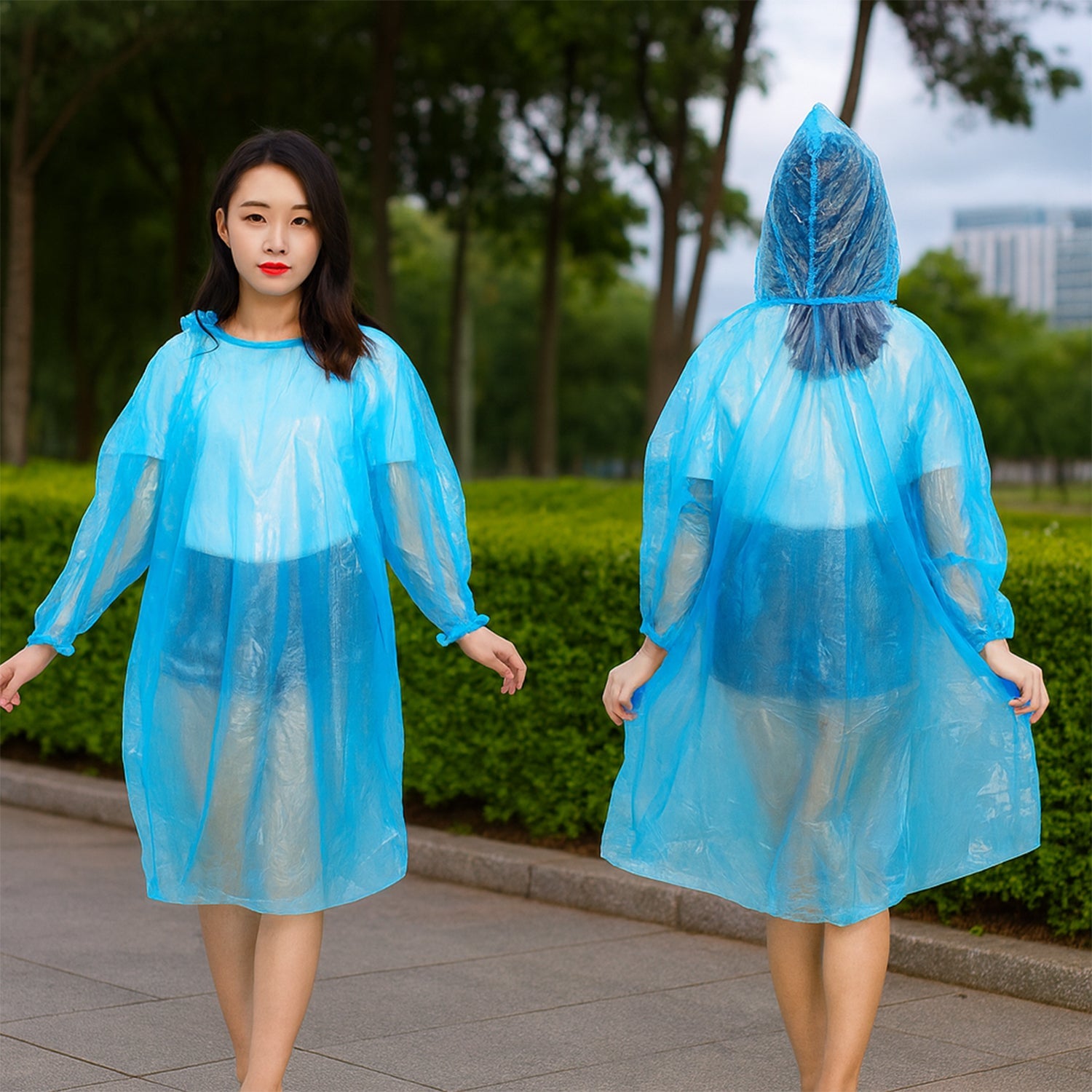 Compact disposable raincoat in its pouch, ideal for travel and emergencies.
