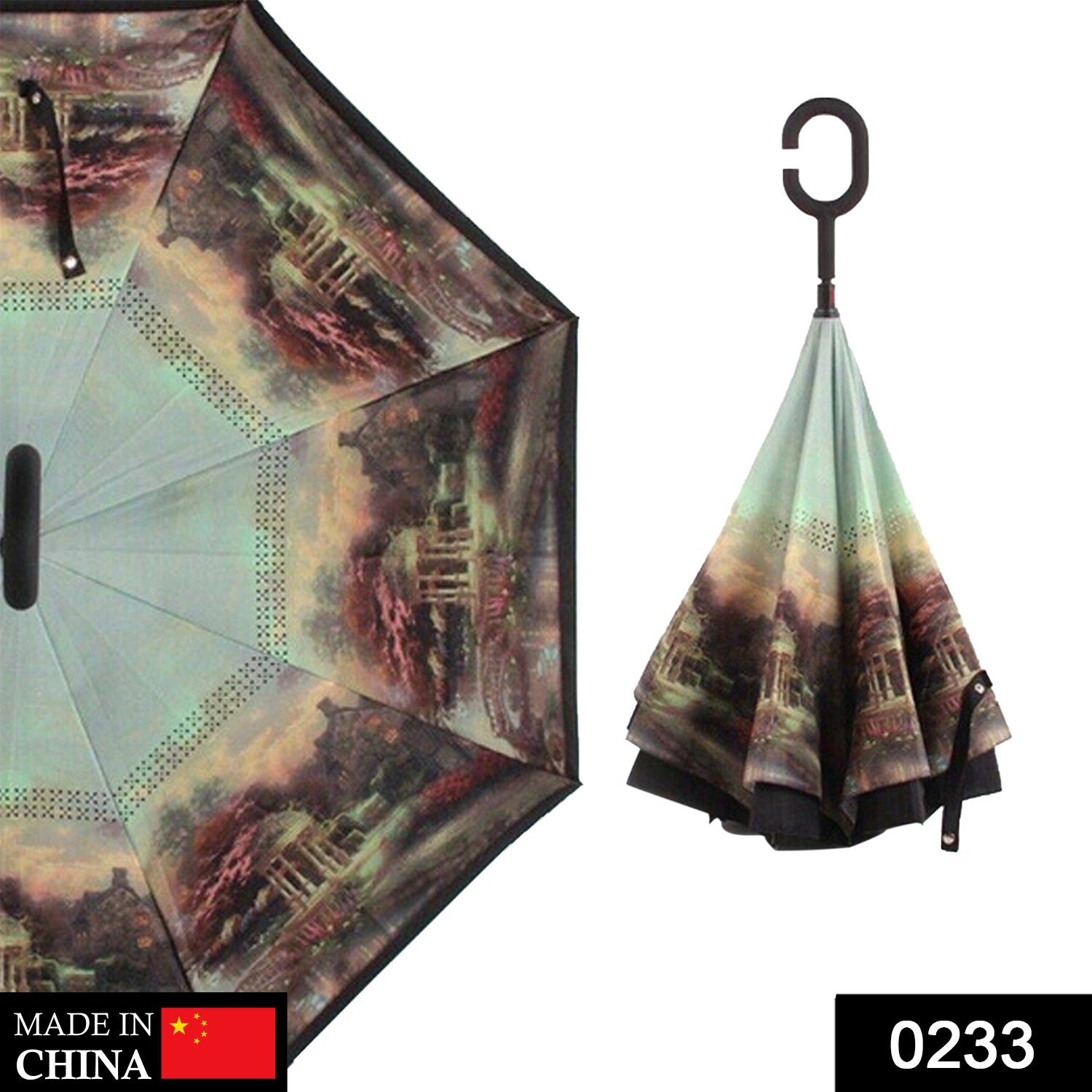 Close-up of the automatic button on the stylish metal handle of the reverse umbrella.