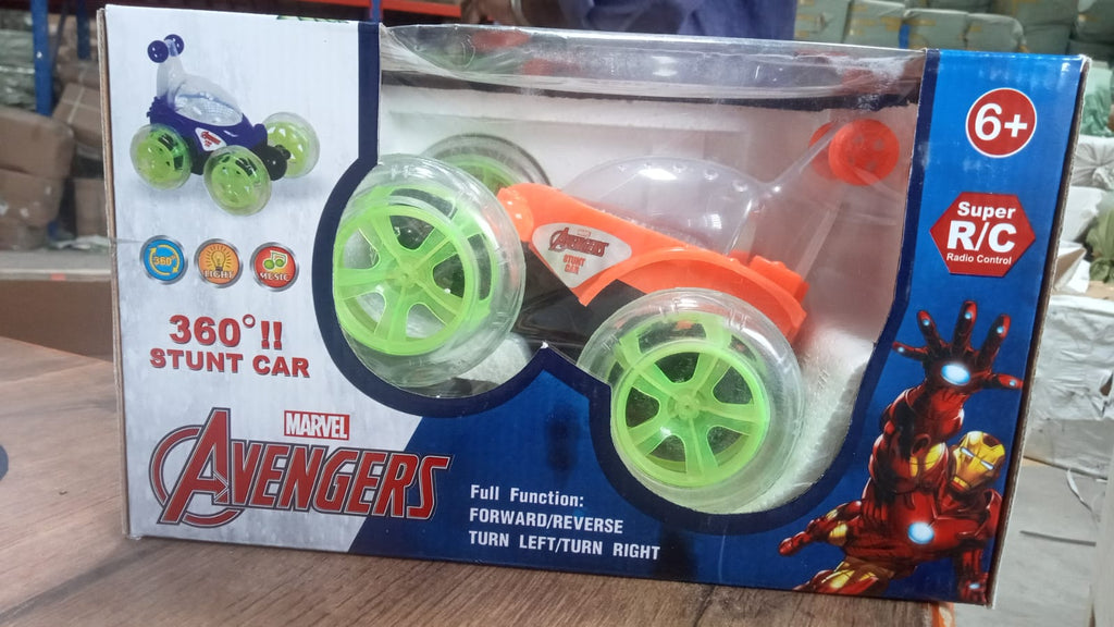 The rechargeable stunt car from Wagtail, highlighting its robust wheels and bright lights.