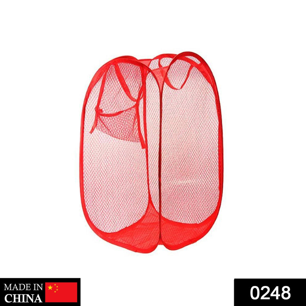 Foldable mesh laundry hamper with a side pocket, ideal for small items.