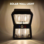 Solar Wall Lantern with motion sensor illuminating an outdoor space at dusk.