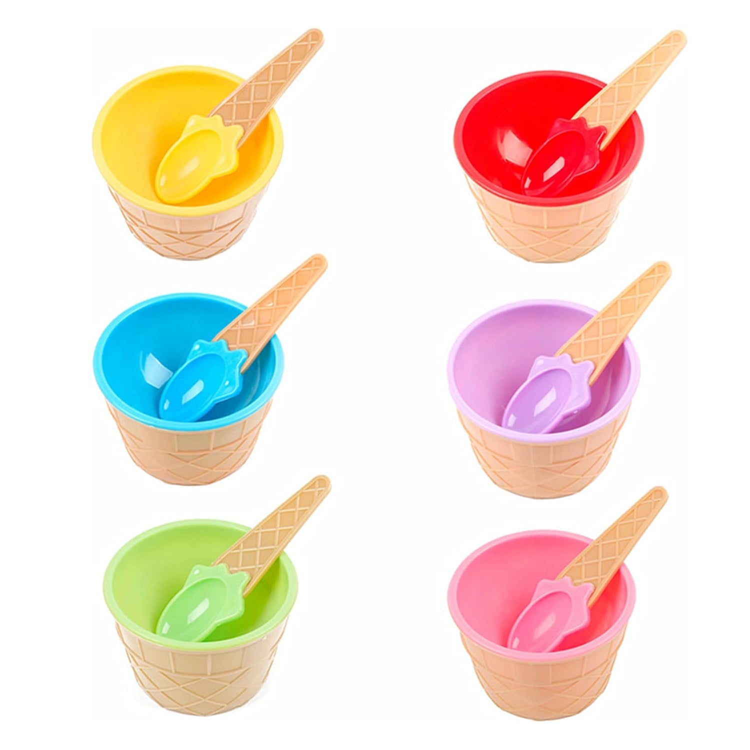 Complete set of six reusable ice cream bowls and spoons displayed