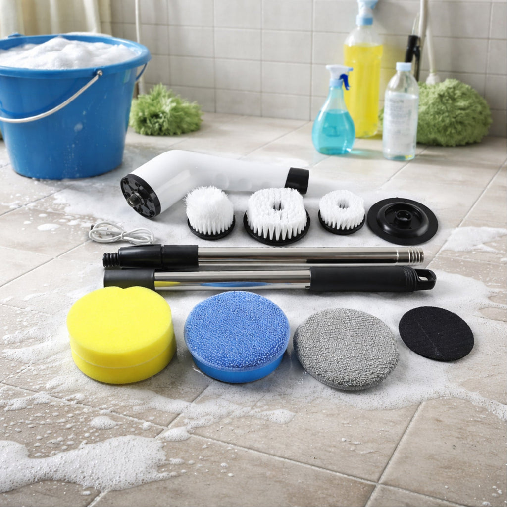 Comparison shot showing the compact size of the electric spin scrubber for easy storage.