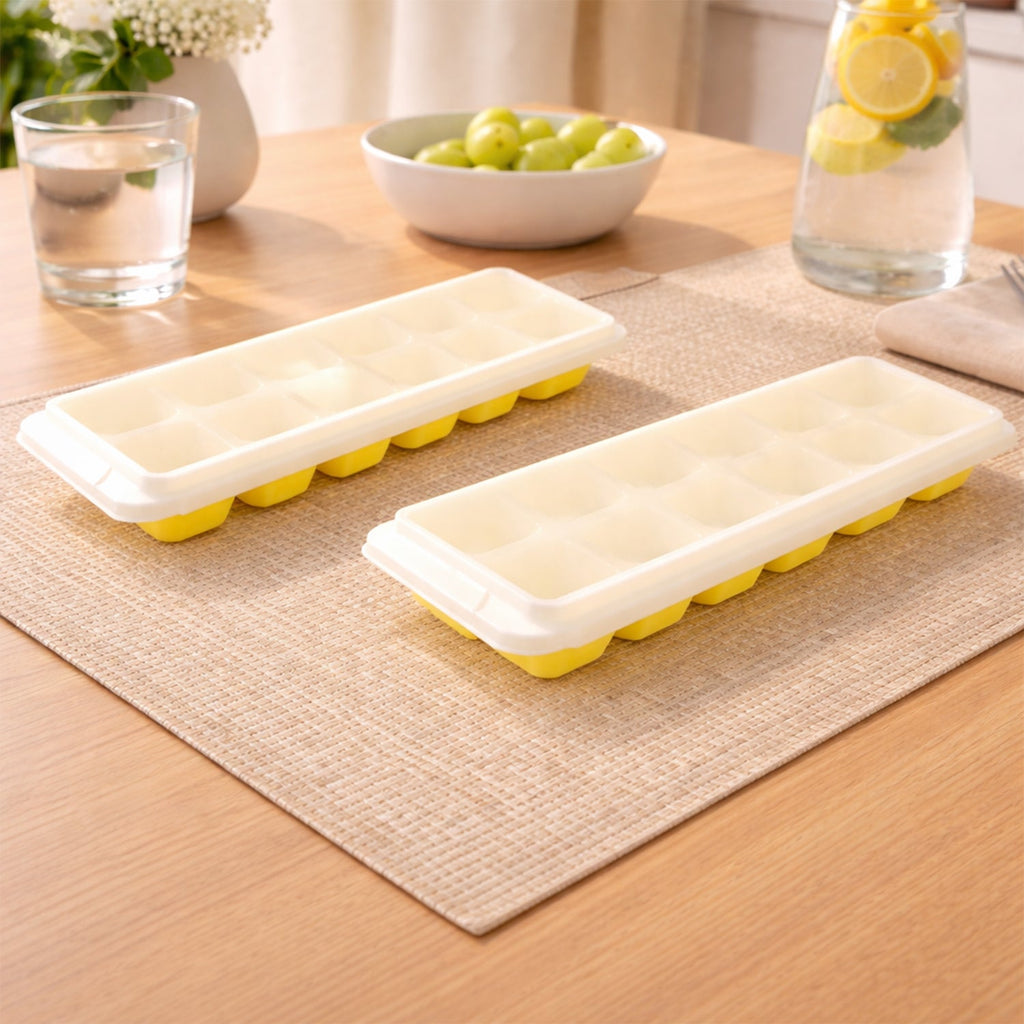 Compact freezer-safe ice tray set designed for easy release and storage.