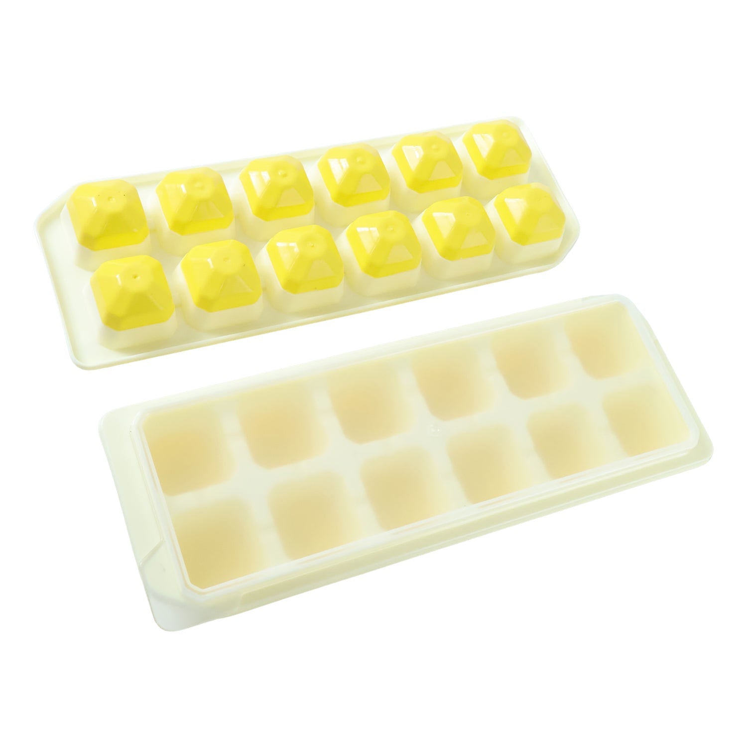 Durable plastic ice mold tray with pop-up mechanism and lid for kitchen use.