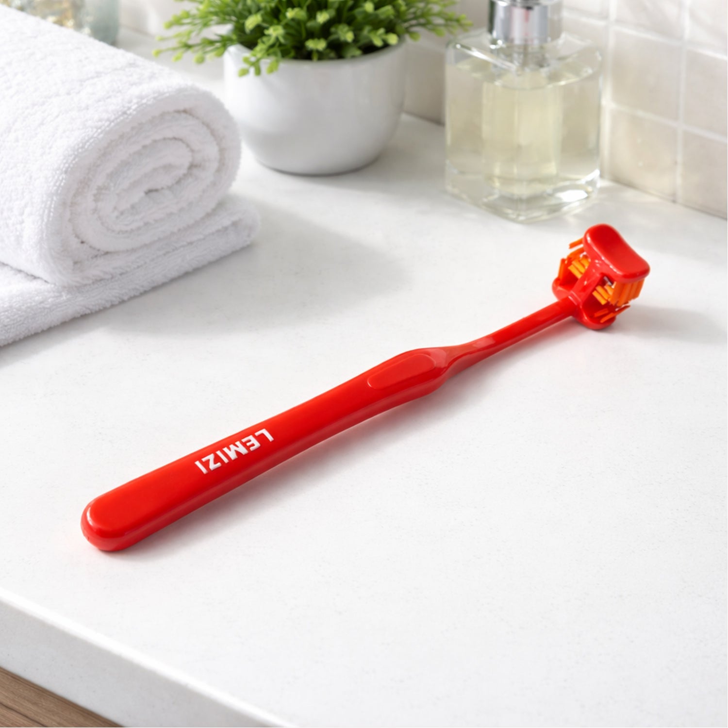 Angled close-up of the Six-Sided Toothbrush, emphasizing its unique bristle configuration.