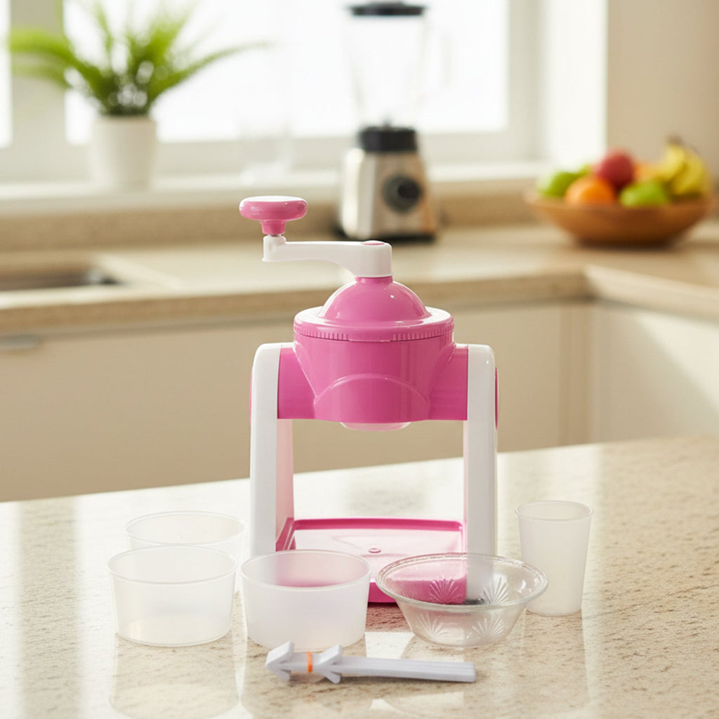 Side view of compact pink manual ice gola maker