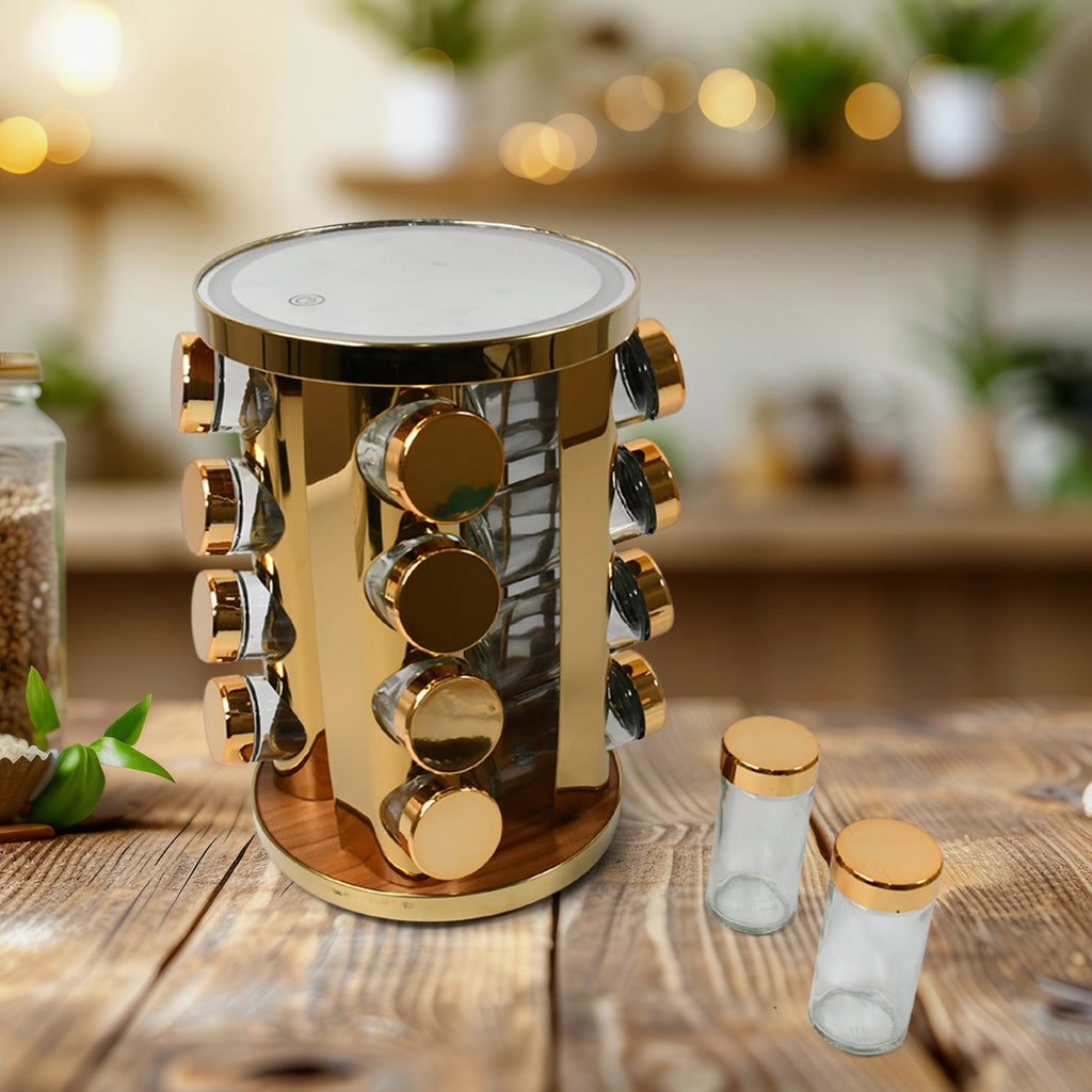 Top-down perspective of the 360-degree rotating spice rack featuring LED light.