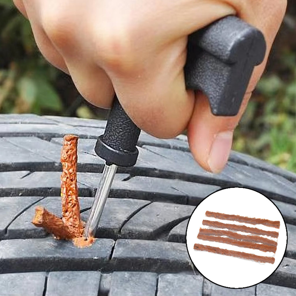 All 8 pieces of the tubeless tyre repair kit including rubber strips.