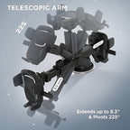 Detailed view of the car mount's universal phone clamp and 360-degree rotation.
