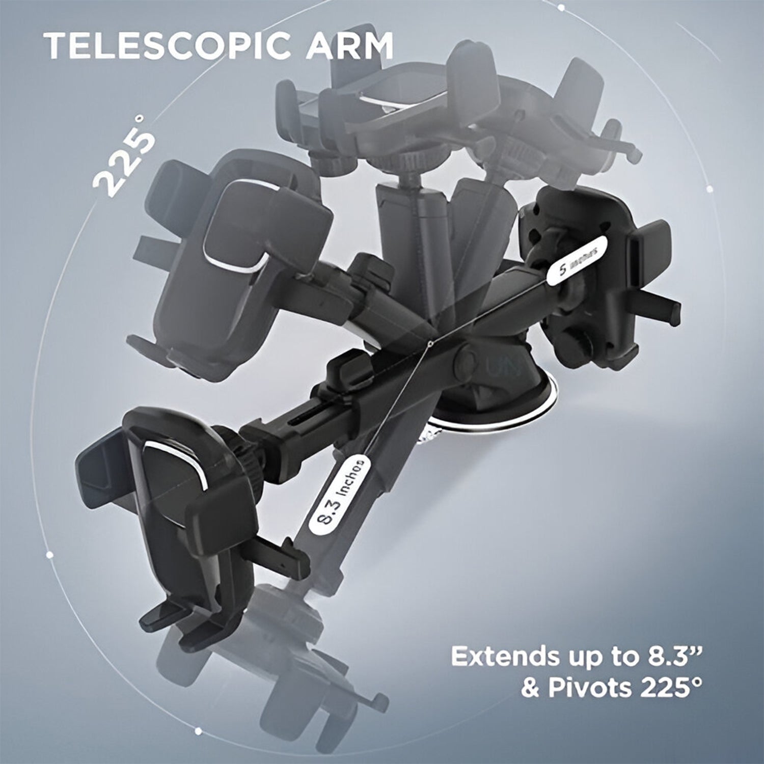 Detailed view of the car mount's universal phone clamp and 360-degree rotation.