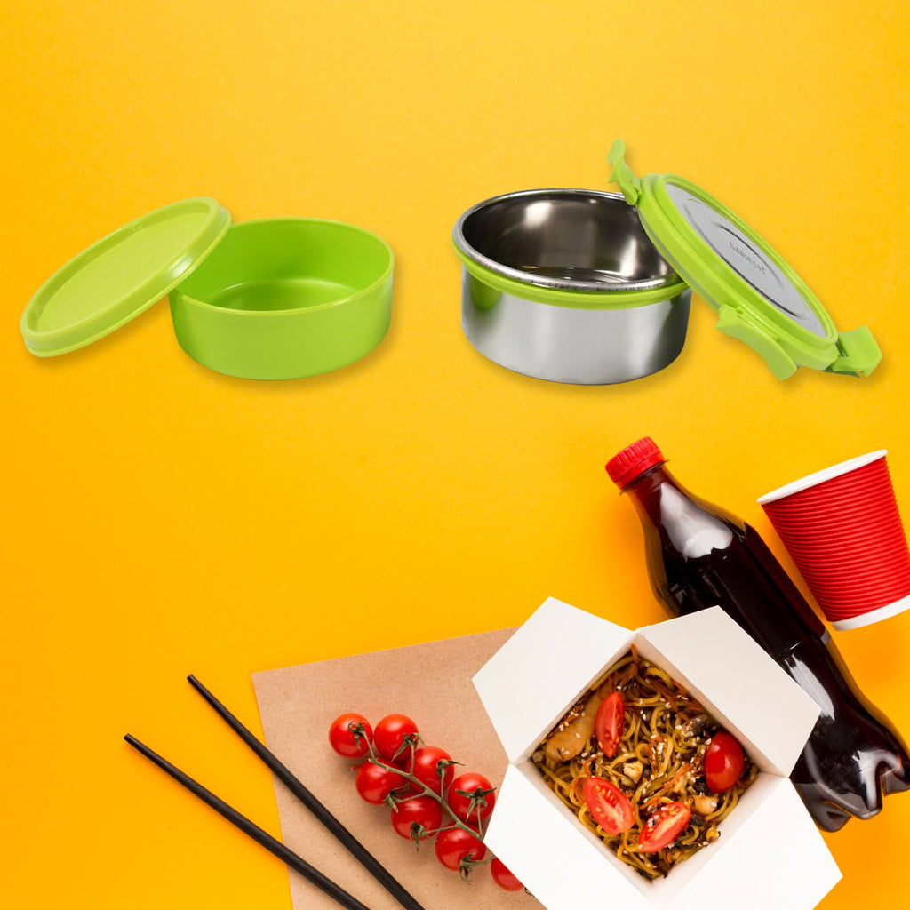 Side view of the Ganesh Stainless Steel Tiffin Lunch Box, highlighting its robust 4-side clip locks.