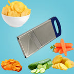 Freshly sliced potatoes next to the efficient potato slicer, demonstrating its use.