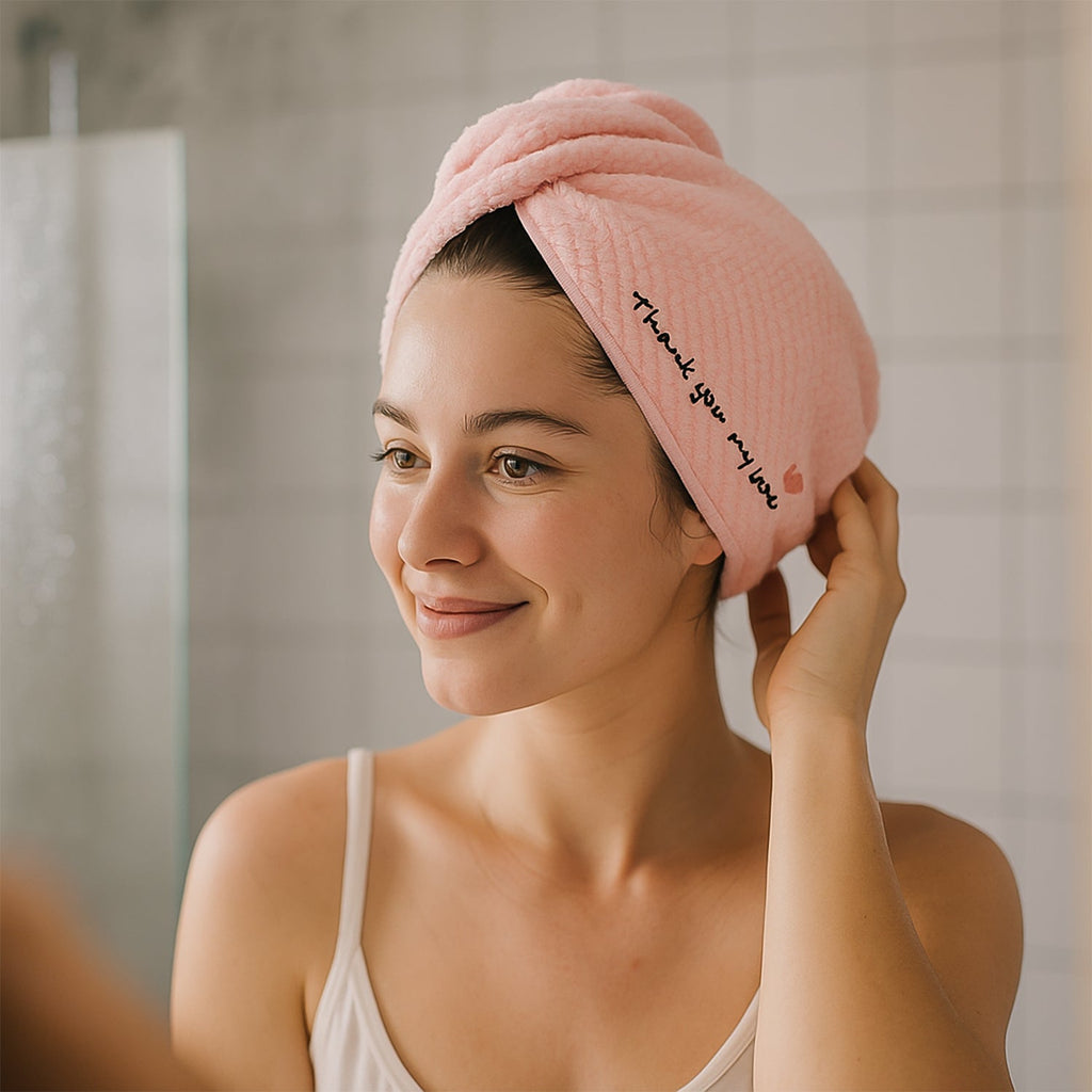 Turban style microfiber hair drying towel wrap with embroidered text