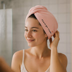 Turban style microfiber hair drying towel wrap with embroidered text