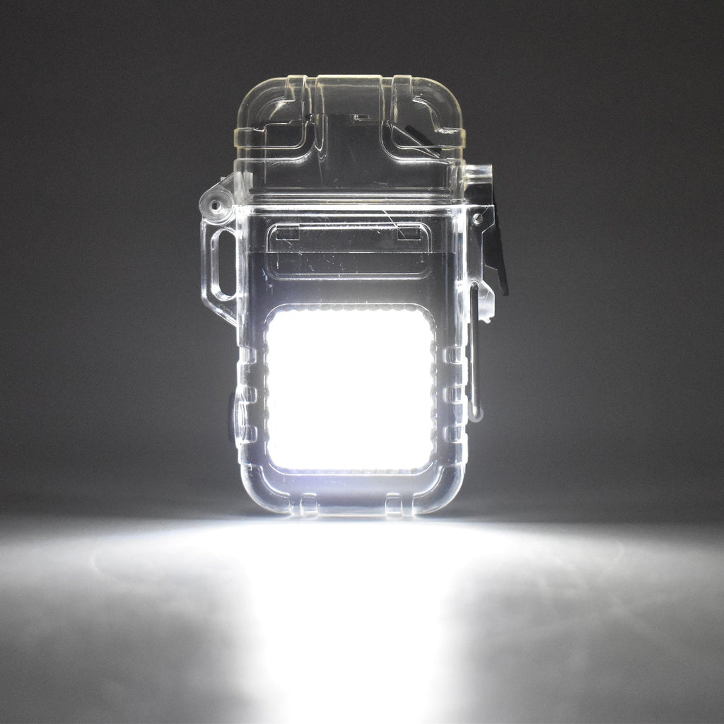Portable electric lighter with 3-mode COB flashlight illuminating a dark area.