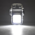 Portable electric lighter with 3-mode COB flashlight illuminating a dark area.