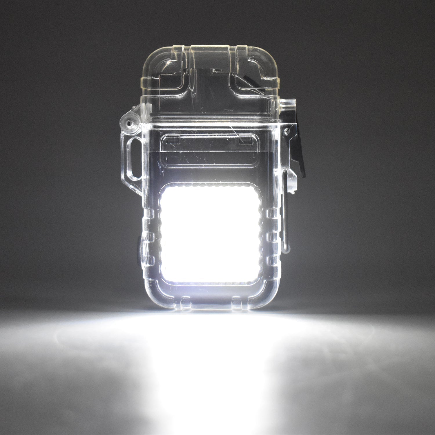 Portable electric lighter with 3-mode COB flashlight illuminating a dark area.