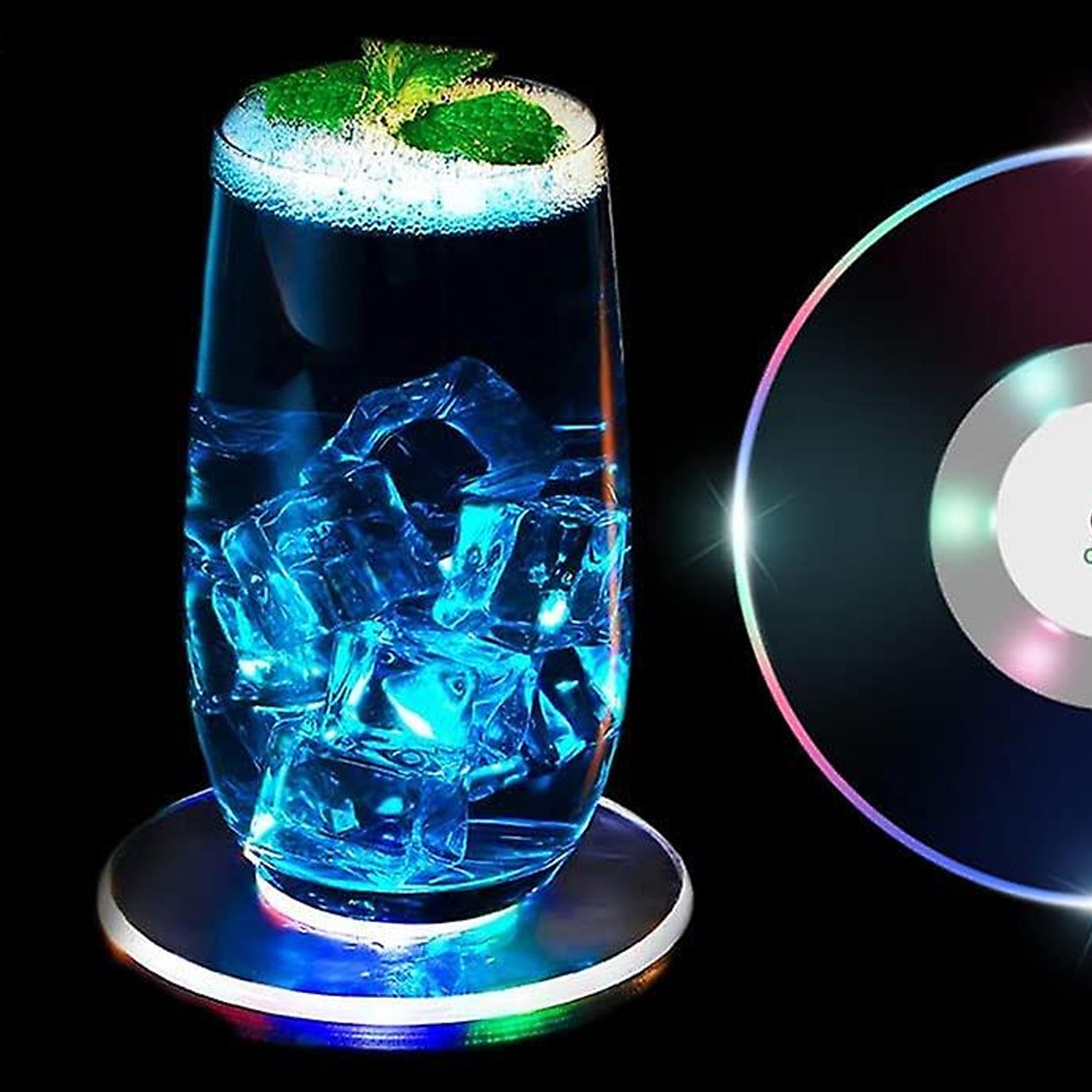 Round LED cocktail coaster switched on, displaying festive colorful lights.