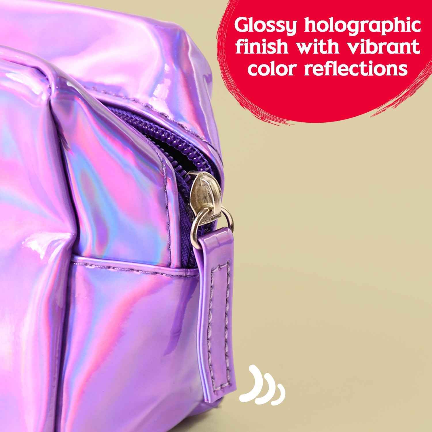 Neutral image of cosmetic pouch showing holographic texture