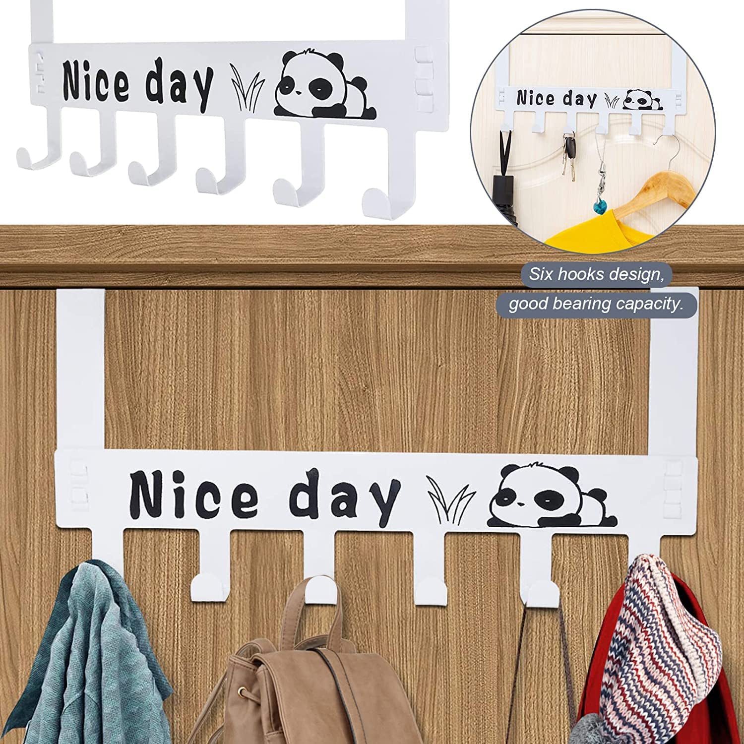 Over door hook rack holding bags and coats, demonstrating its versatility and storage capacity.