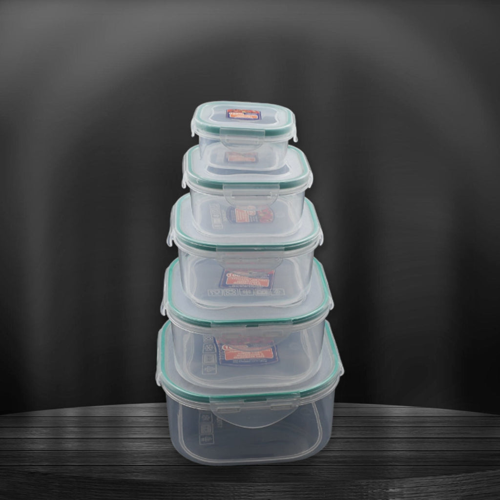 Side view of five versatile kitchen storage containers with snap-lock lids.