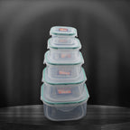 Side view of five versatile kitchen storage containers with snap-lock lids.