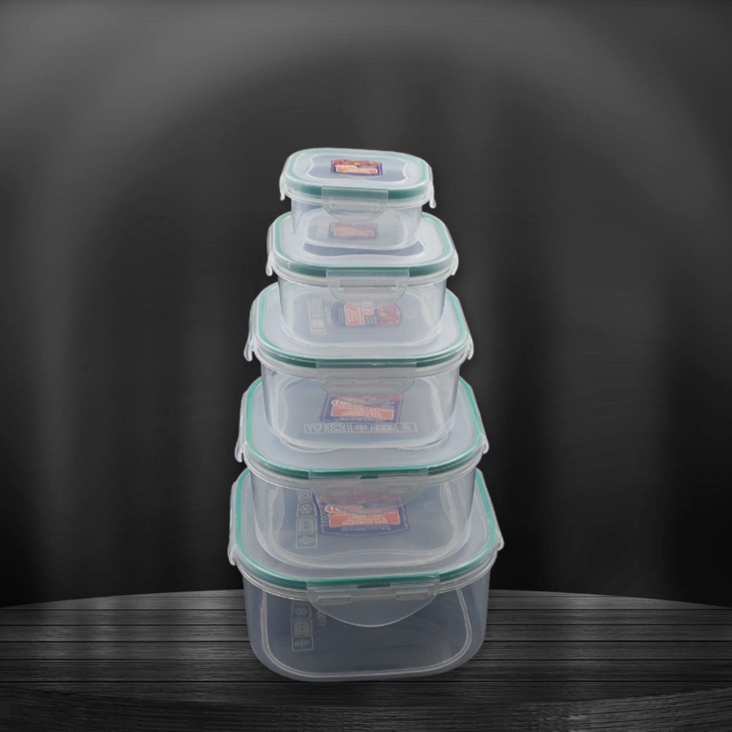 Side view of five versatile kitchen storage containers with snap-lock lids.