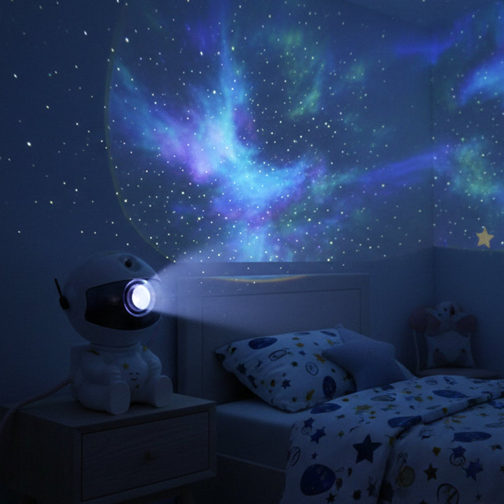 Astronaut star projector night light showing USB power connection